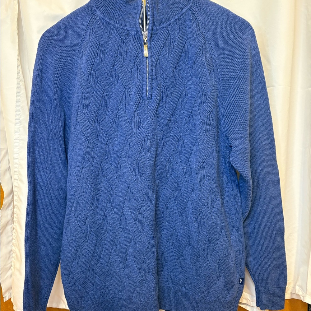 Tommy Bahama Sweater Mens M‎ Navy 1/4 Zip Cable Knit Mock Neck Grandpa